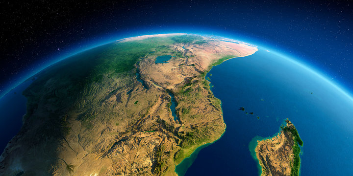 Detailed Earth. East Africa. Mozambique, Tanzania, Kenya, Madagascar