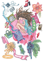 Sleeping girl with long dark hair and lots of fashionable things around her (bags, jewelry, shoes, pillows)