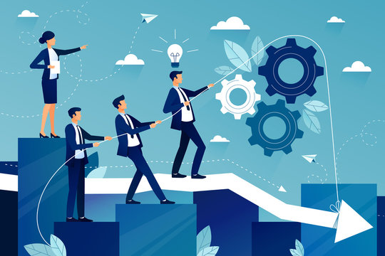 Concept of teamwork in business company. Business team walking to success. Female boss showing way to future success. Mutual support and assistance in work. Vector colorful illustration.