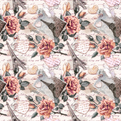 Hand written next, paper hearts, vintage photo of Eiffel Tower, rose flowers, postal stamps and feathers. Seamless pattern in vintage french style in neutral color