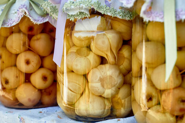 Preservation salting in large jars. Stocks for the winter. Preservation of fruits and vegetables for the winter. Canned food in glass jars.