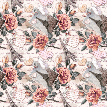Hand written next, paper hearts, vintage photo of Eiffel Tower, rose flowers, postal stamps and feathers. Seamless pattern in vintage french style in neutral color