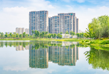 Fototapeta premium Architectural scenery around Jincheng Lake Park in Chengdu, Sichuan Province, China