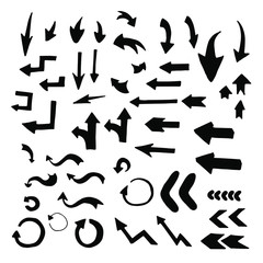 Doodle set of black hand drawn abstract arrows. 