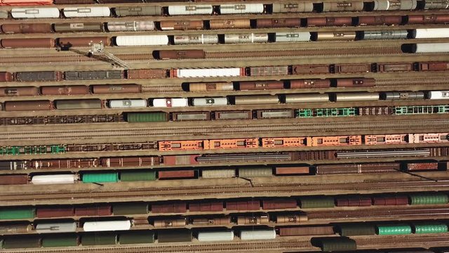 Railway switching Yard with many parallel railroad tracks, top down view