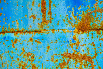 Old corroded metal wall background with flaky blue green paint .Rusty flaky cracked metal surface.Abstract the surface texture of the old metal.
