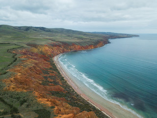 Aerial view of Sellicks Beach, South Australia coastline on a cloudy day.