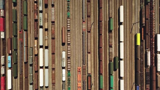 Railway switching Yard with many parallel railroad tracks, top down view