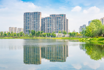 Architectural scenery around Jincheng Lake Park in Chengdu, Sichuan Province, China