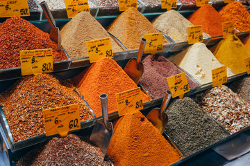 Closeup of spices on sale market. Turkey, Istanbul