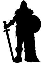 Viking guardian silhouette/ Illustration stylized nordic warrior with a sword and a shield in winter fur equipment  