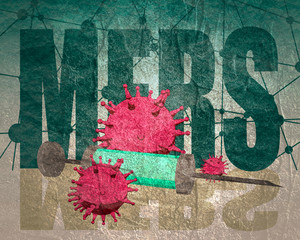 Abstract virus image on backdrop and MERS text. MERS virus danger relative illustration. Medical research theme. Virus epidemic alert