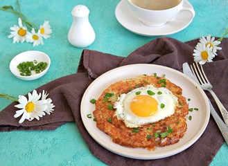 Rosti, fried potato pancake from boiled potatoes with egg on a white clay plate on a turquoise background. Swiss cuisine.