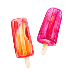 Set of two colorful ice creams from frozen fruit and berry juice. Watercolor painting. Food background. Hand drawn sweets illustration. Summer cold desserts. Painted backdrop. Sketch drawings.