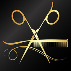 Golden scissors and comb with a curl of hair. Design for a beauty salon and hair stylist - obrazy, fototapety, plakaty