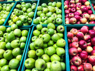 Various seasonal fruits on supermarket shelves