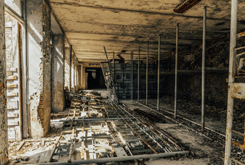 Chernobyl Exclusion Zone. Old abandoned hospital in the city of Pripyat. Consequences of the...