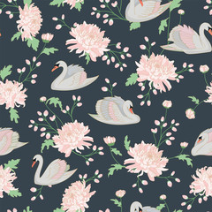 Materiał do szycia Beautiful seamless natural pattern with pastel color swans and beautiful big chrysanthemums.