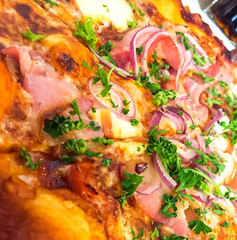 Delicious hot pizza with jamon, mozzarella