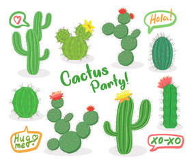Different green succulent plants with flowers icon set isolated, cactus party, hola, vector illustration. © MarySan