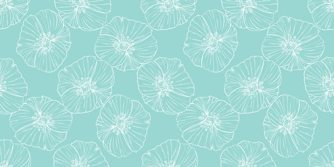 Flourish poppies pattern in line art style. Poppy flower line art. Botanical seamless vector texture. Colorful background blossoming bloomy vector. Wildflowers handcrafted artsy poppy surface design