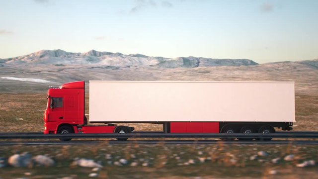 The camera follows a semi truck driving along a desert highway into the sunset. Low angle rear view camera. Realistic high quality 3d animation.