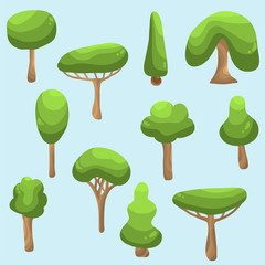 Set of 11 volume cartoon green trees. Plants for games.