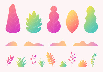 Vector set with trees, leaves, grass in trendy flat style design. Fantasy autumn nature plants template for banner, card, poster, print