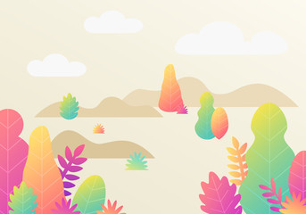Fototapeta na wymiar Vector trendy fantasy background with plants. Modern illustration with trees, leaves. Flat design with gradient colours