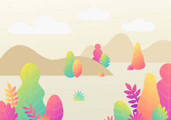 Vector trendy fantasy background with plants. Modern illustration with trees, leaves. Flat design with gradient colours