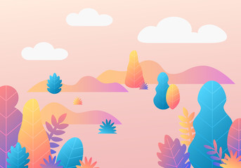 Fototapeta na wymiar Vector trendy fantasy background with plants. Modern illustration with trees, leaves. Flat design with gradient colours