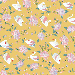 Beautiful seamless natural pattern with pastel color swans and beautiful big chrysanthemums.