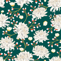 Materiał do szycia Seamless pattern with big chrysanthemums, bright flowers on a green background ..
