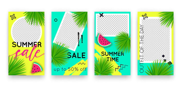 Vector trendy tropic editable set of templates for social media networks stories. Modern summer design backgrounds with watermelon and palm leaves for flyers, cards, posters, promotion