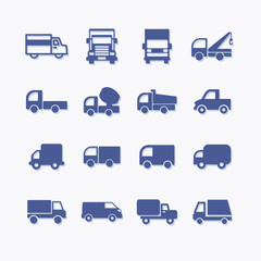 Set of flat vector truck icons, delivery service pictogram.