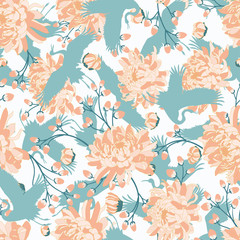 Japanese pattern. Seamless vector ornament with traditional motives. Japanese pattern with storks and chrysanthemum.