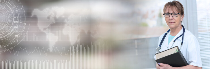 Female doctor holding a medical textbook; panoramic banner