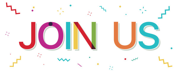 "Join us" colorful text with confetti