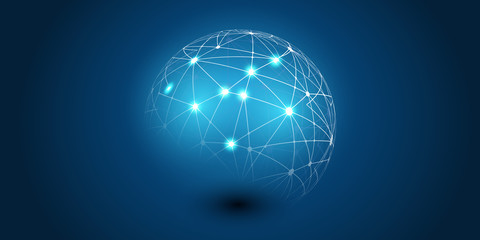 Abstract Blue Minimal Style Cloud Computing, Networks Structure, Telecommunications Concept Design, Network Connections, Transparent Wavy Geometric Mesh - Vector Illustration