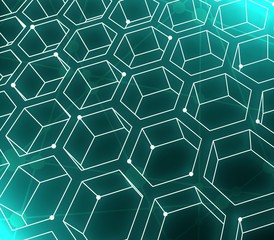 Perspective view on honeycomb. Hexagon pattern background. Isometric geometry. Molecule and communication pattern. Connected lines with dots. Neon bulb illumination. 3D rendering