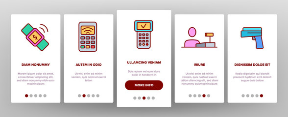 POS Terminal, Mobile Payment Vector Onboarding Mobile App Page Screen. POS, Cashless E-Payment Machine Outline Symbols. Financial Transaction, Billing System. Banking And Finance Illustrations