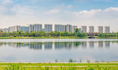 Architectural scenery around Jincheng Lake Park in Chengdu, Sichuan Province, China