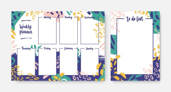 Collection of weekly planner and to-do-list templates with frame decorated by bright colored brush strokes and scribble