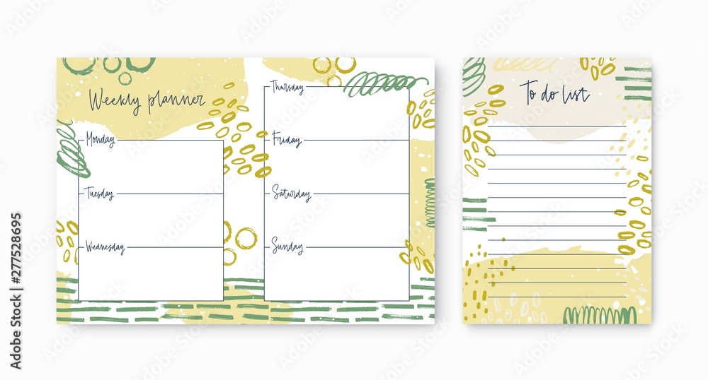 Poster set of weekly planner and to-do-list templates decorated by vivid paint traces and smears. printable