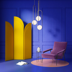 Blue  stylish interior with a velvet violet armchair	