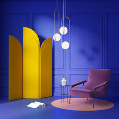 Blue  stylish interior with a velvet violet armchair	