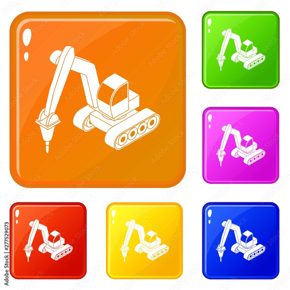 Poster drill tractor icons set collection vector 6 color isolated on white background