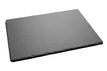 Empty food black square slate plate board isolated on white background. Dark grey slate board for...
