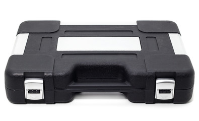 Black case with a set of automotive tools on a white background