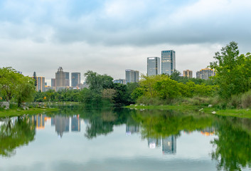 Architectural scenery around Jincheng Lake Park in Chengdu, Sichuan Province, China